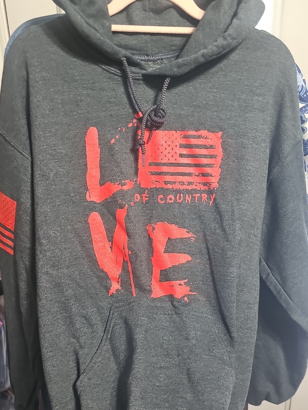Grunt Style Charcoal Hoodie Sweatshirt with Red 'LOVE' Flag Graphic